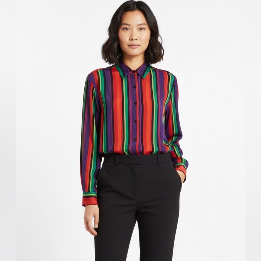 Sk & Company Silk Women’s Multicolored Striped Button-Up Shirt